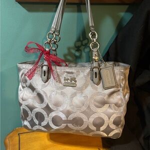 Coach Mia Op Art Lurex Signature C Jacquard Metallic Silver Tote 15746 Y2K